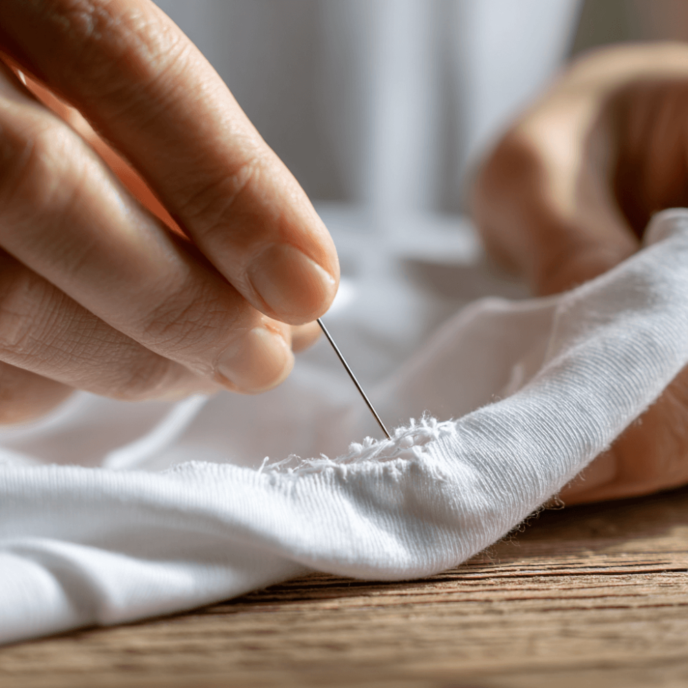 Klein gaatje in T-shirt repareren met naald en draad