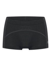 Voorkant van de zwarte sport short Sydney voor dames van RJ Bodywear, naadloos ontwerp met korte pijpjes, grijze stiknaden en het witte RJ Bodywear logo op de linkerkant.