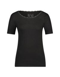 Thermo shirt korte mouw met kanten ronde hals kleur zwart