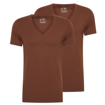 RJ Heren 2-Pack T-Shirt Tencel Diepe V-Hals Espresso