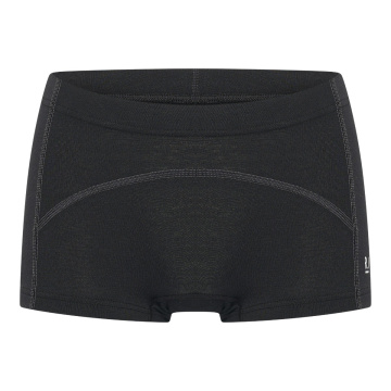 Voorkant van de zwarte sport short Sydney voor dames van RJ Bodywear, naadloos ontwerp met korte pijpjes, grijze stiknaden en het witte RJ Bodywear logo op de linkerkant.