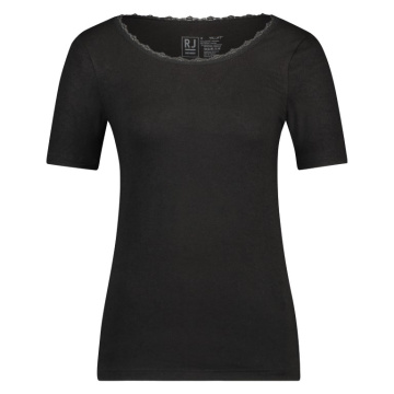 Thermo shirt korte mouw met kanten ronde hals kleur zwart