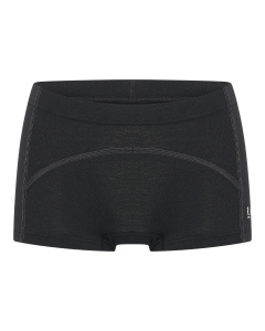 Voorkant van de zwarte sport short Sydney voor dames van RJ Bodywear, naadloos ontwerp met korte pijpjes, grijze stiknaden en het witte RJ Bodywear logo op de linkerkant.