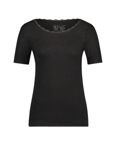 Thermo shirt korte mouw met kanten ronde hals kleur zwart