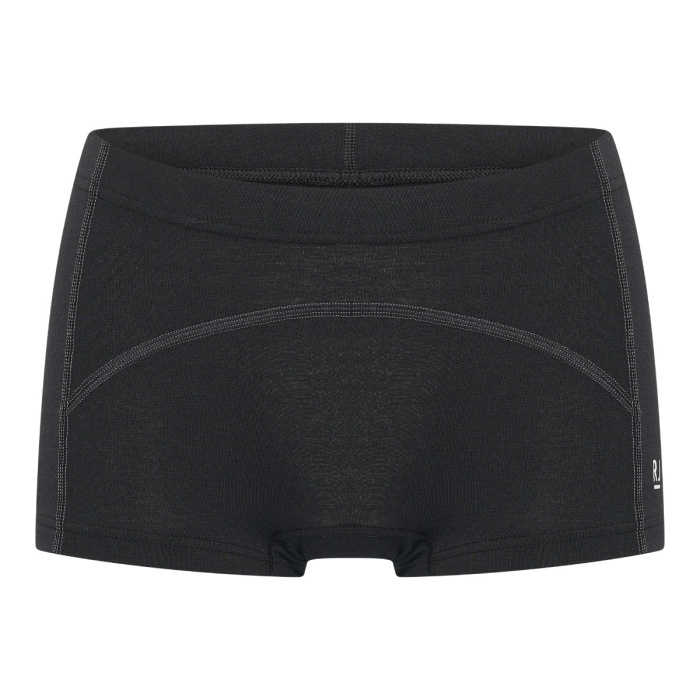 Voorkant van de zwarte sport short Sydney voor dames van RJ Bodywear, naadloos ontwerp met korte pijpjes, grijze stiknaden en het witte RJ Bodywear logo op de linkerkant.