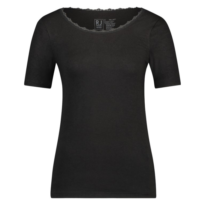Thermo shirt korte mouw met kanten ronde hals kleur zwart